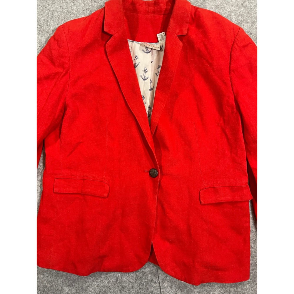 Pink Tartan Red Linen Blend Single Button Blazer Nautical Anchor Lining Womens